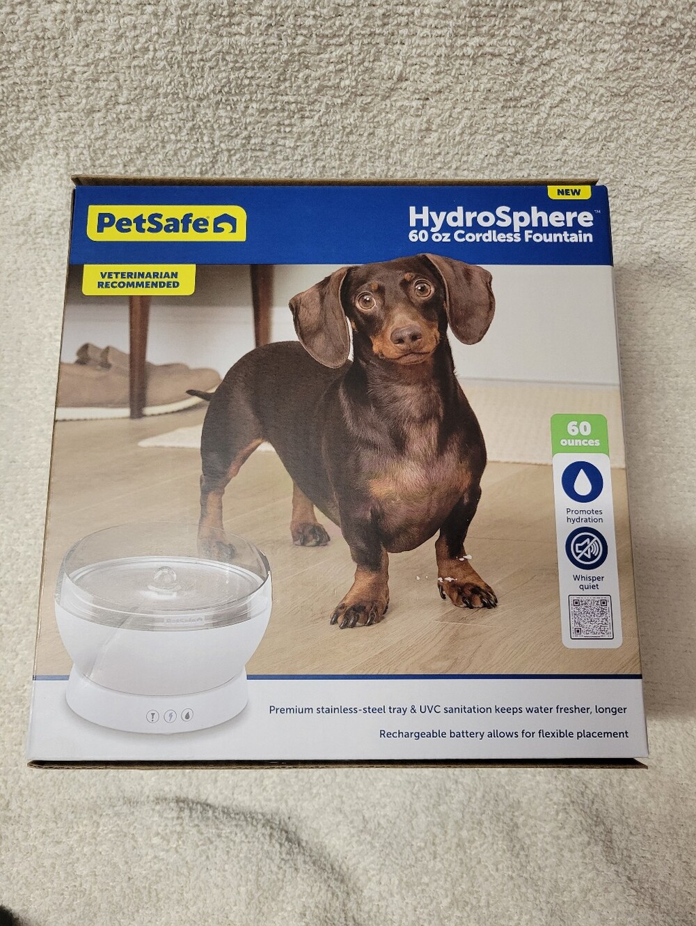 PetSafe HydroSphere Cordless Dog Cat Stainless Steel Fountain 60 oz White NEW